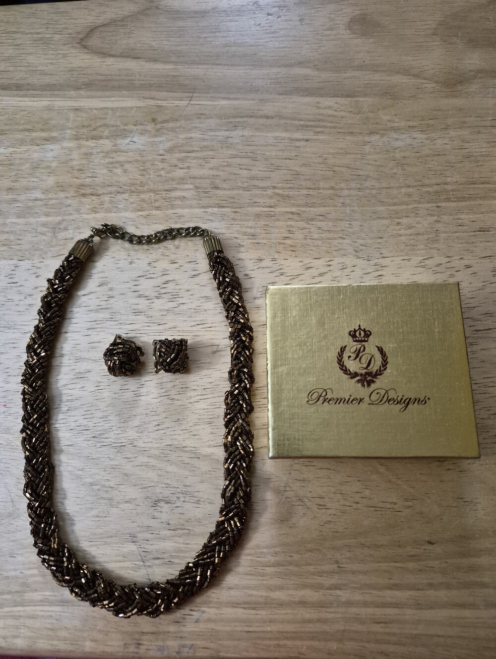 Vintage Premier Designs Copper Glass Beads Necklace With Clip On Earrings Set